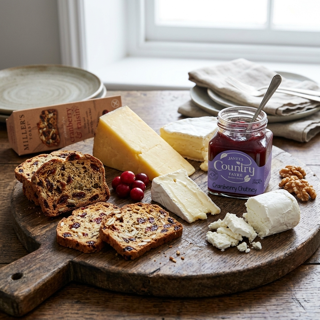 Wooden platter with cheese, bread, and a jar of jam on a rustic wooden table.