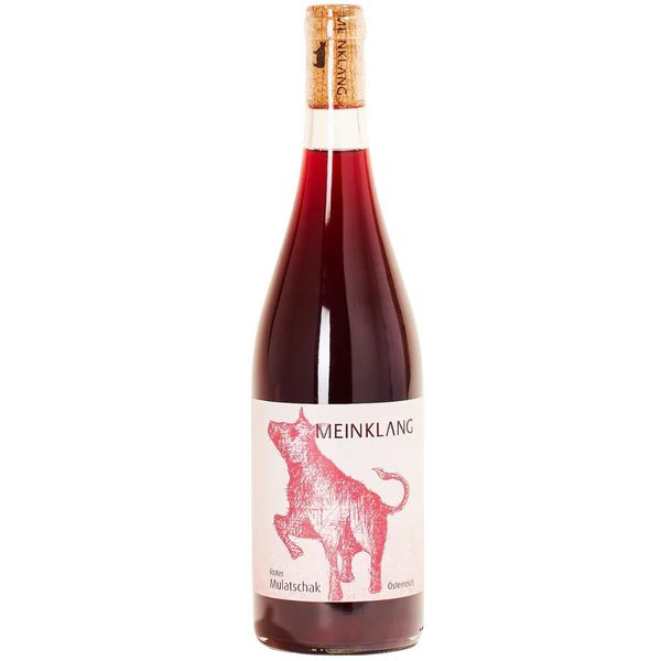 Wine bottle with cork and 'Meinklang' label on a white background