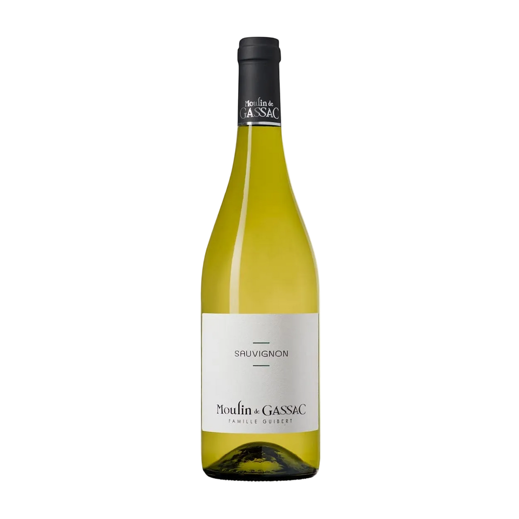 Wine bottle with 'Moulin de Gassac' label on a white background