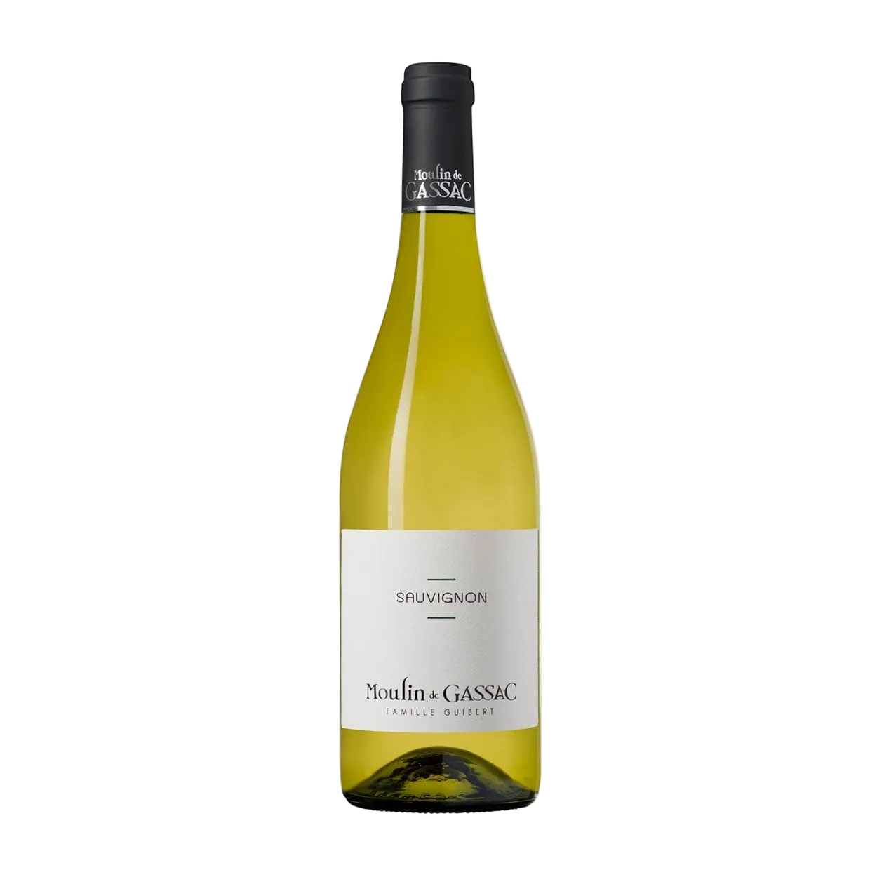 Wine bottle with 'Moulin de Gassac' label on a white background