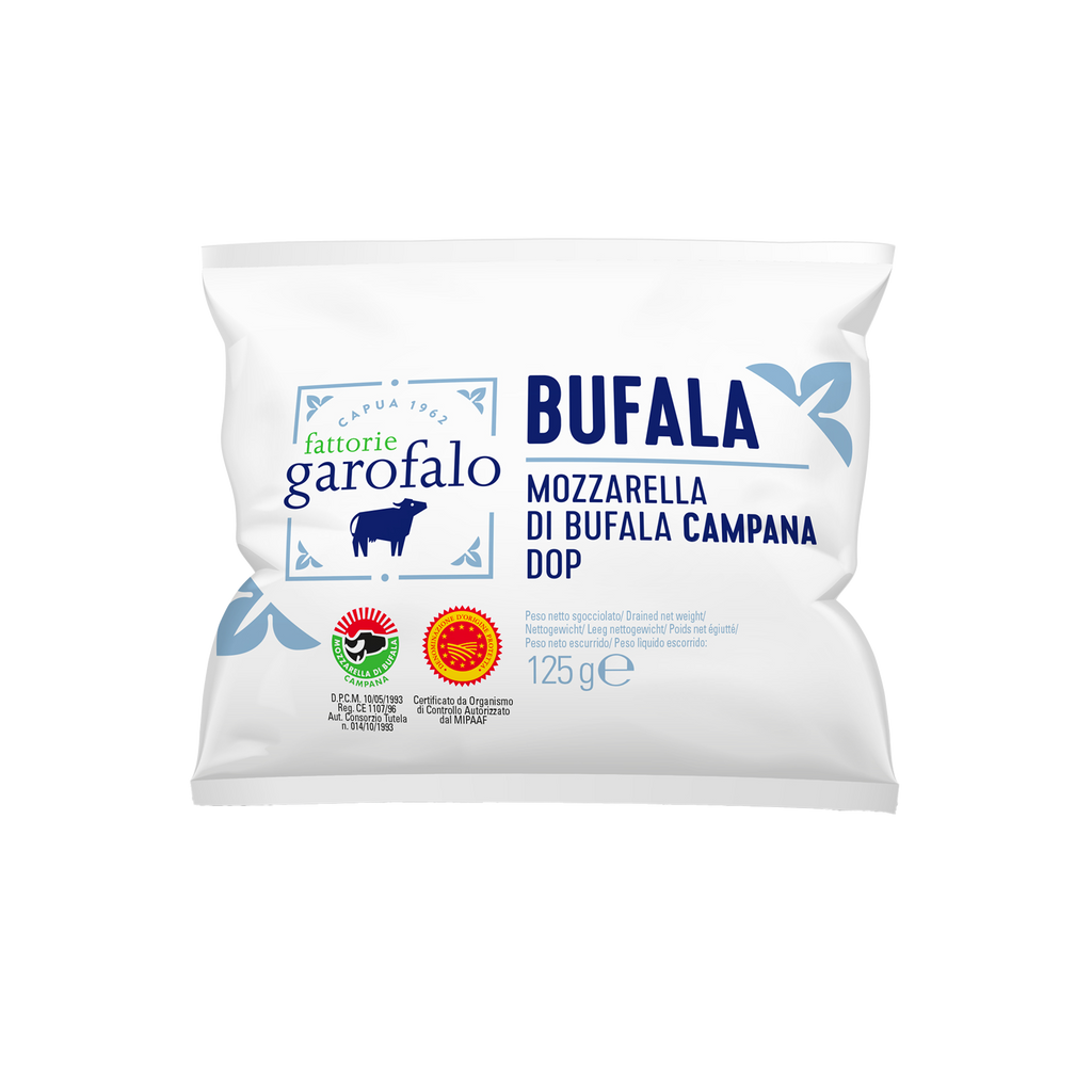 Packaging of Bufala Mozzarella di Bufala Campana Dop from Fattoria Garofalo on a white background
