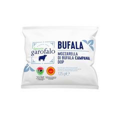 Packaging of Bufala Mozzarella di Bufala Campana Dop from Fattoria Garofalo on a white background