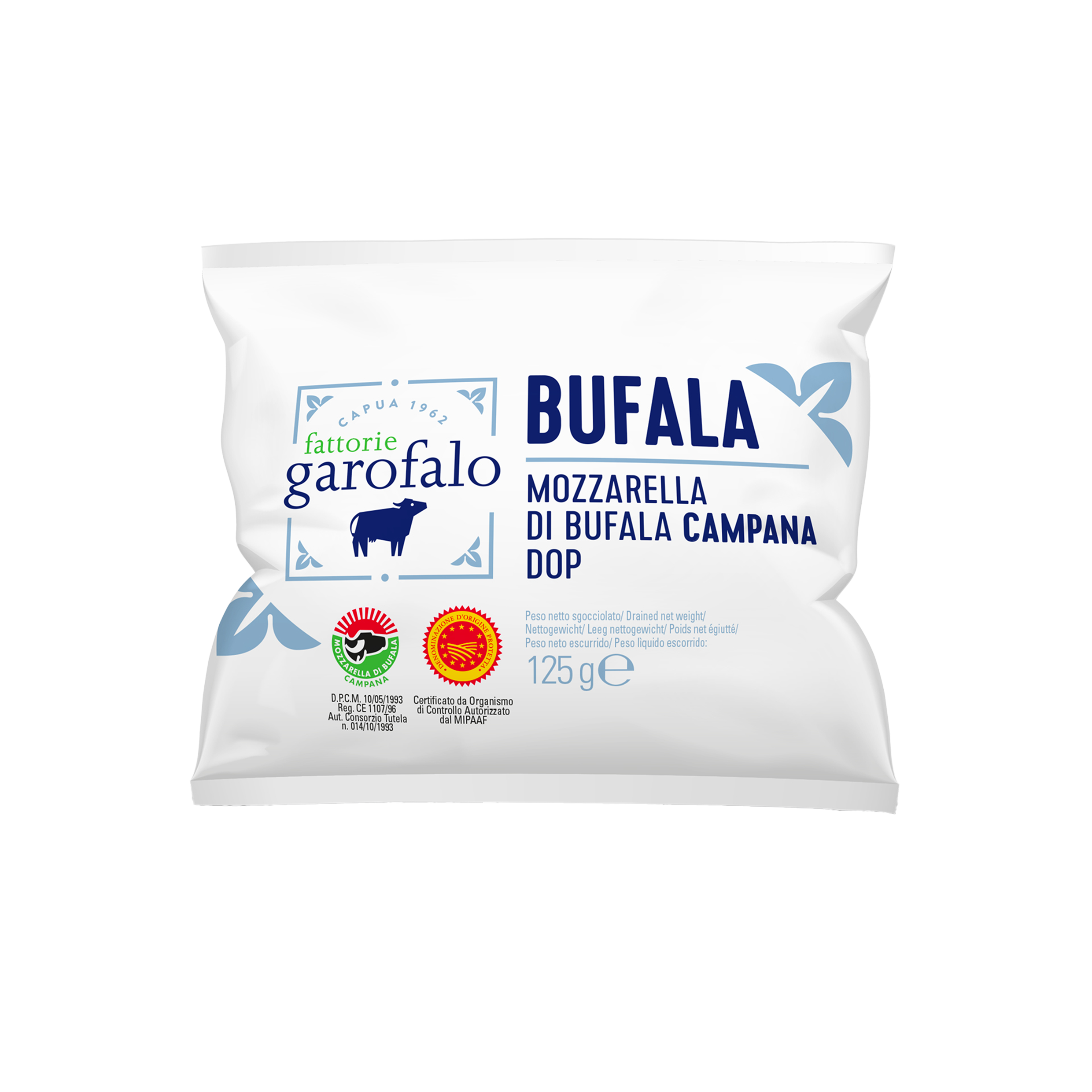 Packaging of Bufala Mozzarella di Bufala Campana Dop from Fattoria Garofalo on a white background