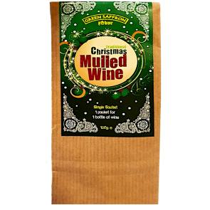 Bag of Christmas Mulled Wine with green and brown design on a white background