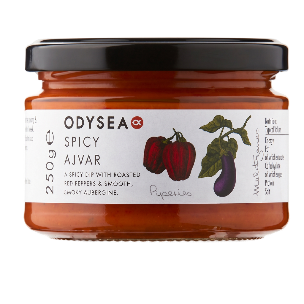 Jar of Odysea Spicy Ajvar with a white label and black lid on a white background