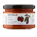 Jar of Odysea Spicy Ajvar with a white label and black lid on a white background
