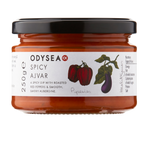 Jar of Odysea Spicy Ajvar with a white label and black lid on a white background