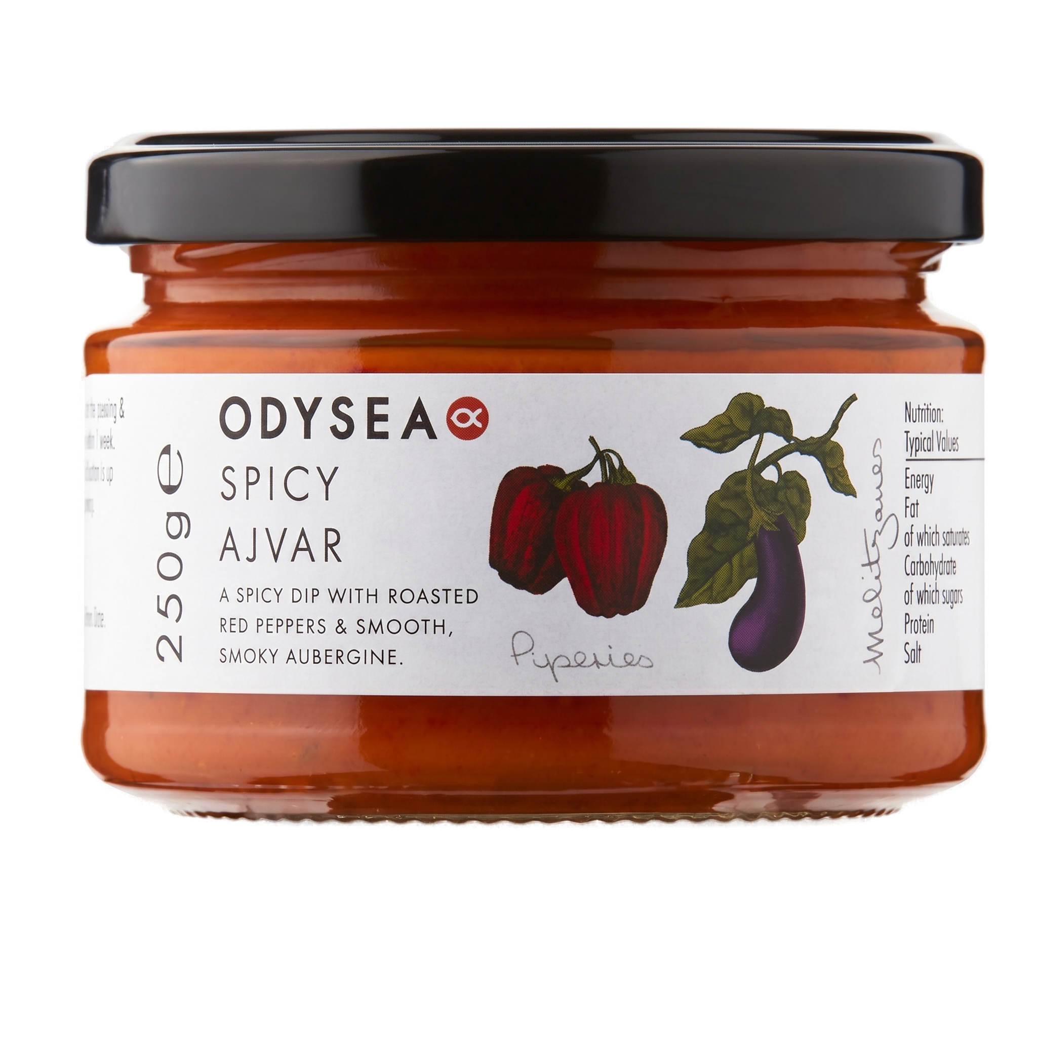 Jar of Odysea Spicy Ajvar with a white label and black lid on a white background