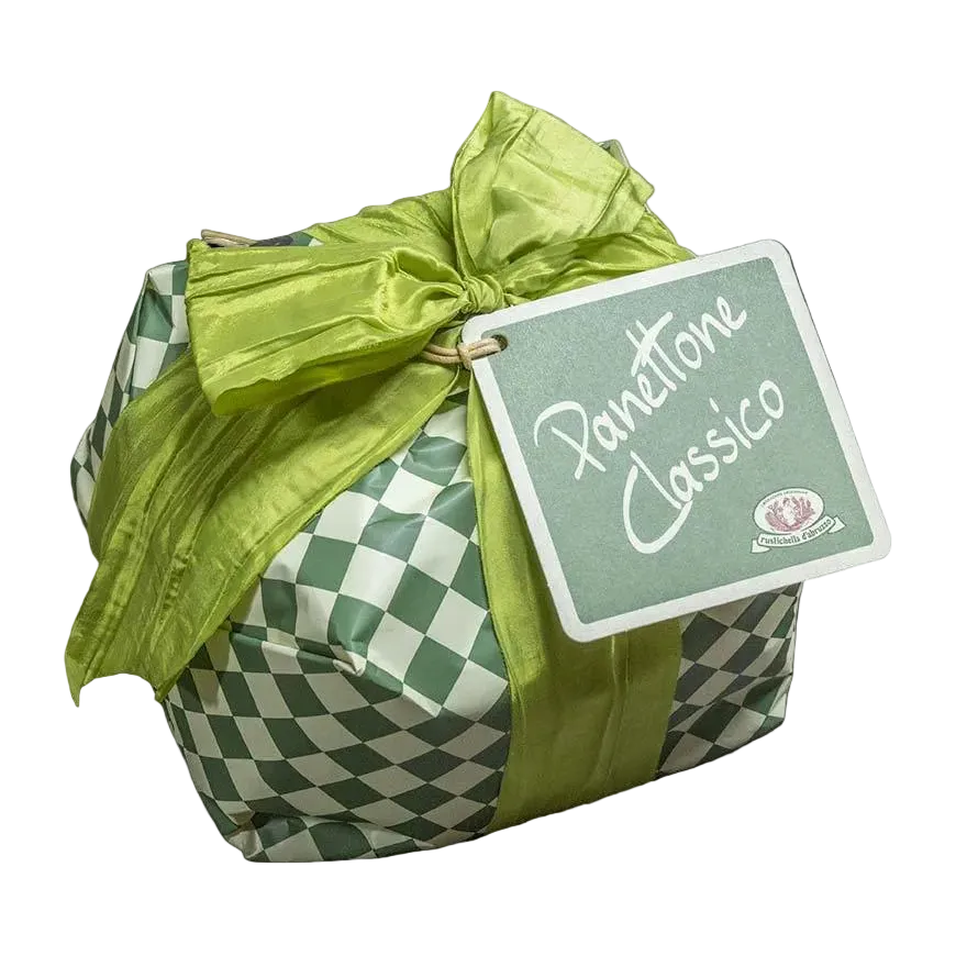 A wrapped gift box with a green and white checkered pattern, tied with a large lime green satin bow and featuring a tag that reads 'Panettone Classico'.