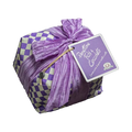 Decorative package with a purple bow and checkered pattern on a white background