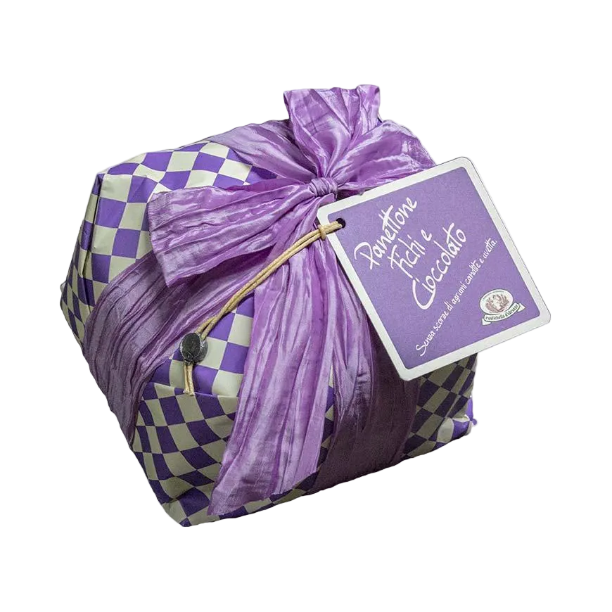 Decorative package with a purple bow and checkered pattern on a white background