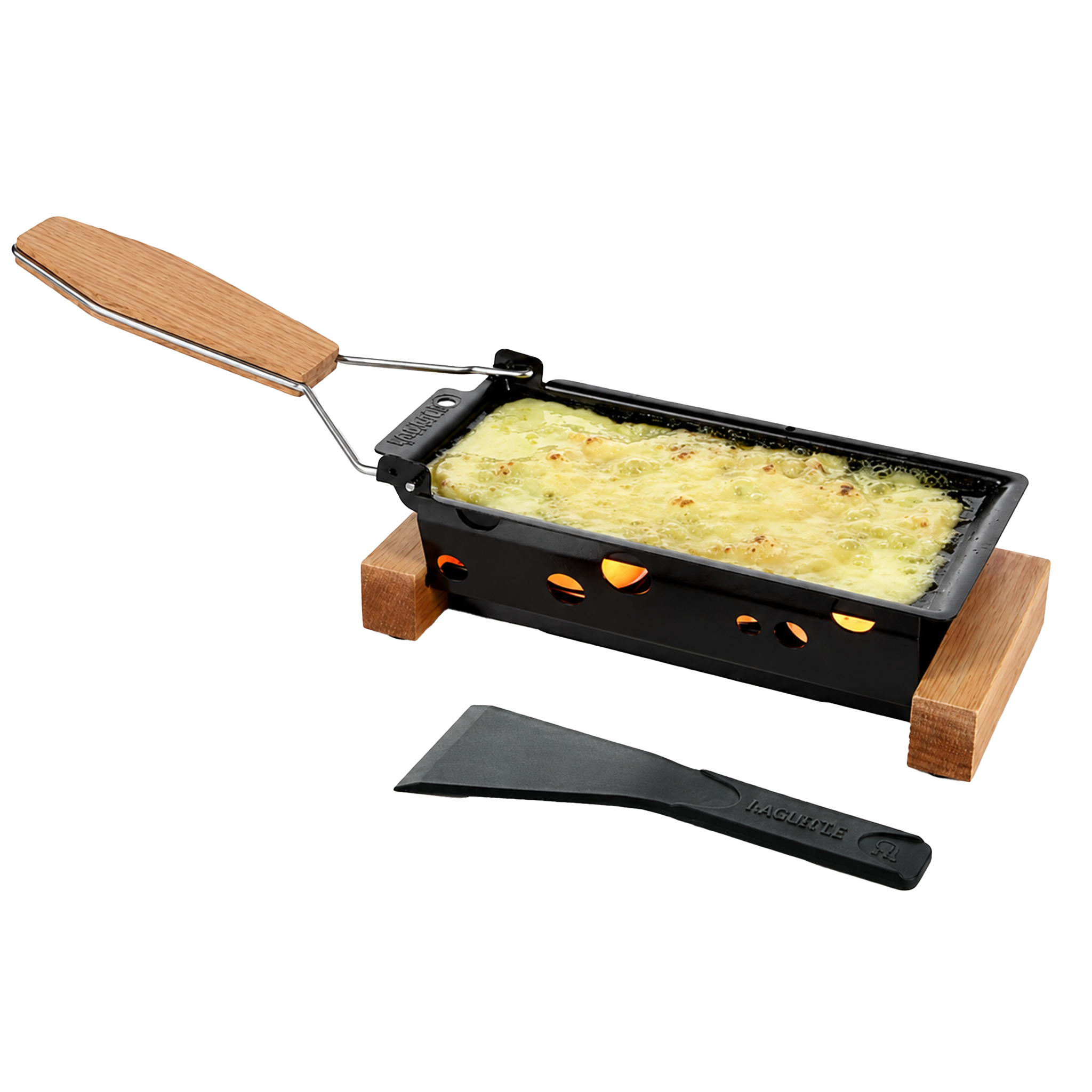Black raclette grill with wooden handle and spatula on a white background