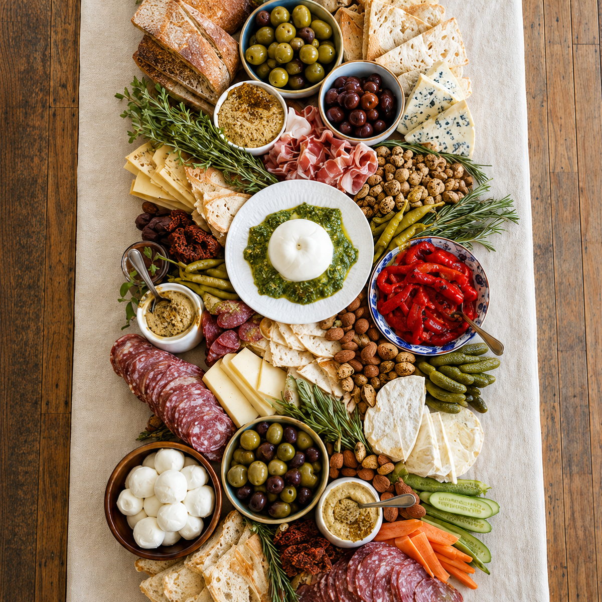 An overhead charcuterie board arranged on a long white platter over a wooden table, featuring cheeses, cured meats, olives, pickled vegetables, crackers, bread, and small bowls of dips and spreads.
