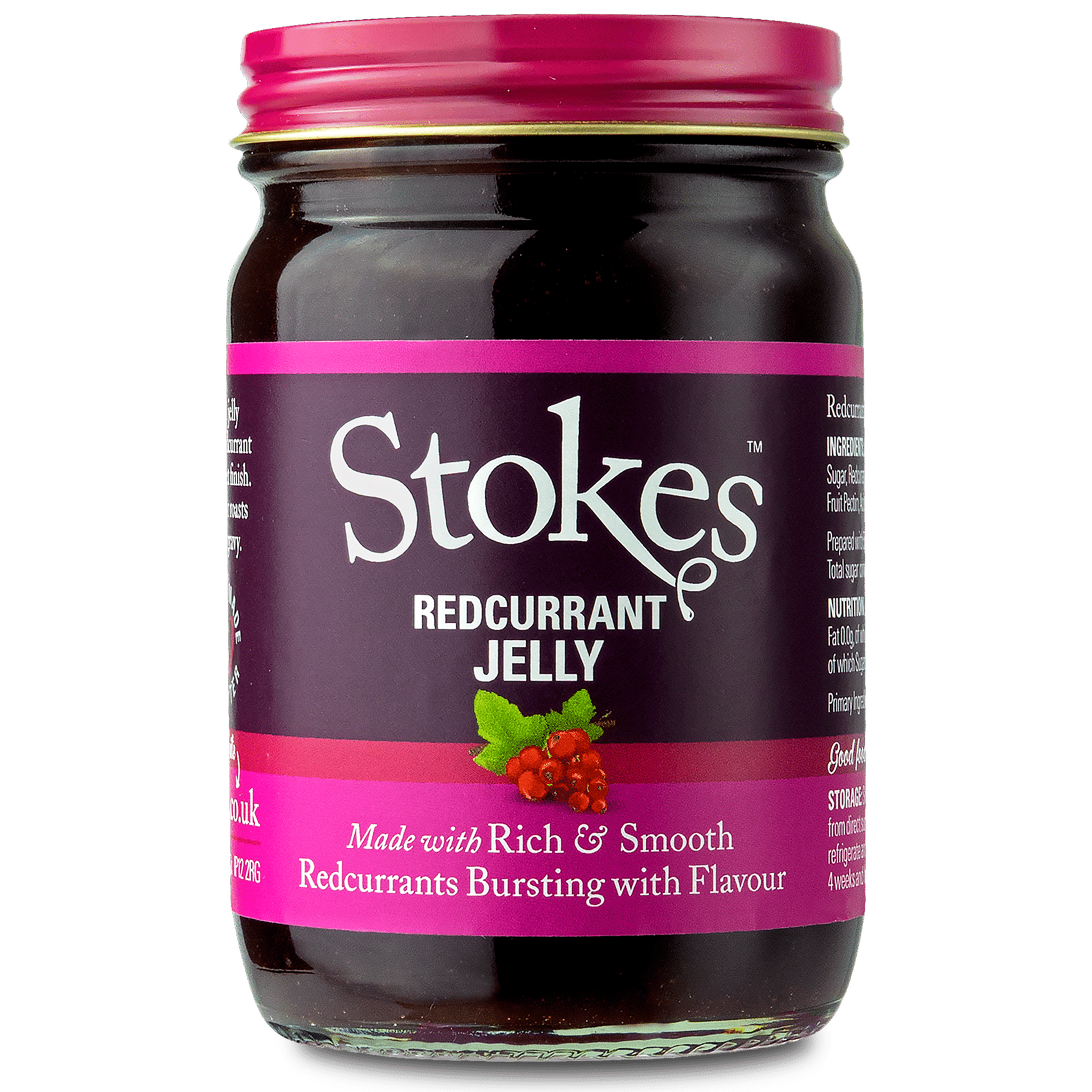 A jar of Stokes Redcurrant Jelly on a plain white background, featuring a dark purple label with pink bands and a pink lid.