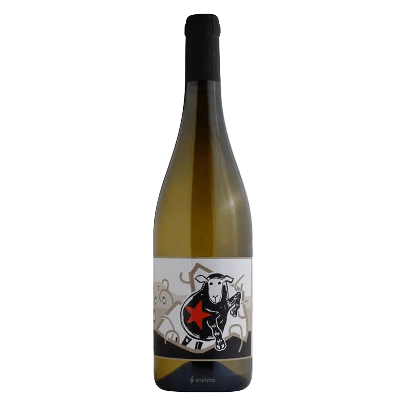 Wine bottle with a label featuring a cow and star design on a white background