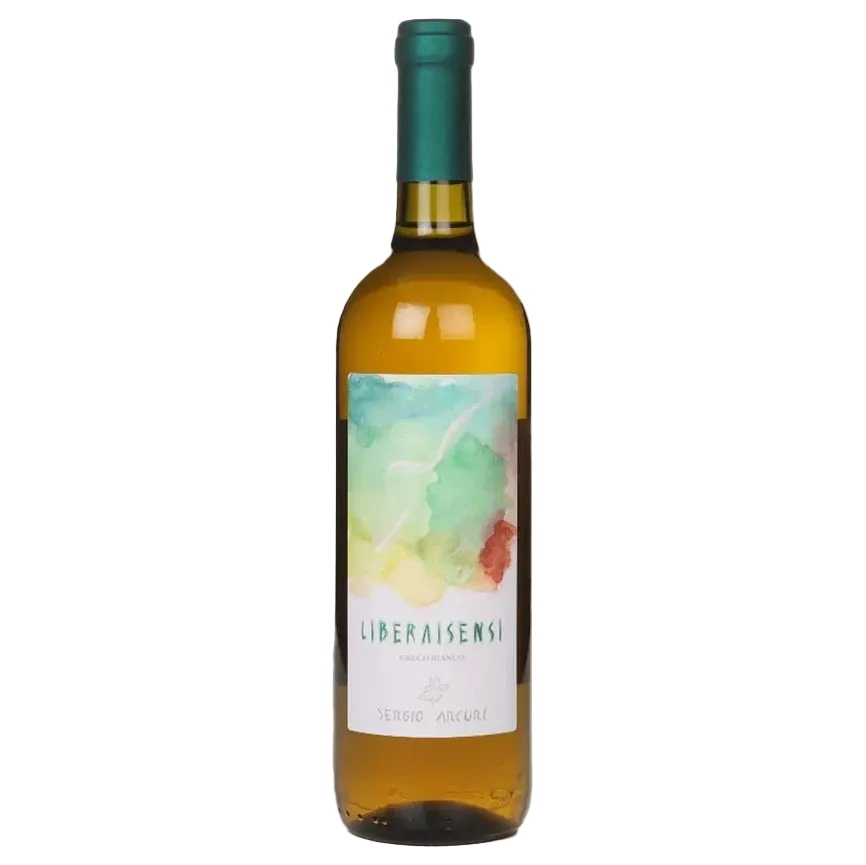 Wine bottle with a colorful label on a white background