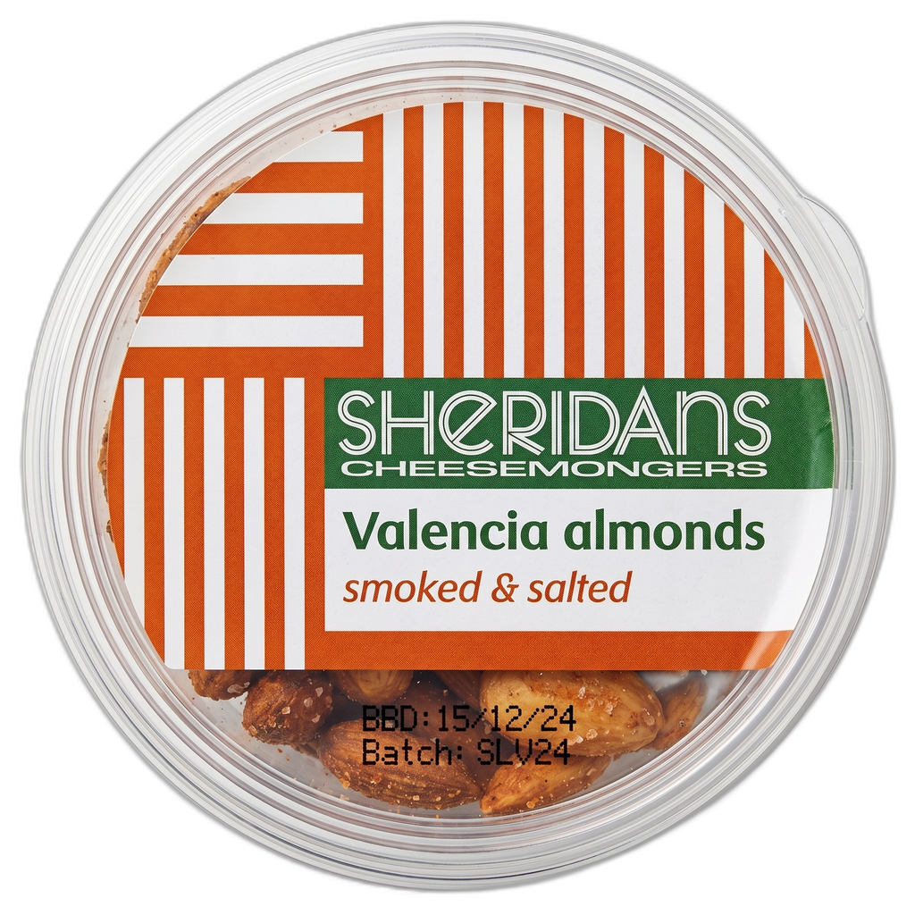 Container of smoked and salted Valencia almonds with Sheridans Cheesemongers label.