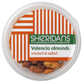 Container of smoked and salted Valencia almonds with Sheridans Cheesemongers label.