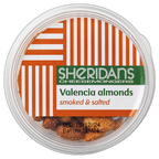 Container of smoked and salted Valencia almonds with Sheridans Cheesemongers label.