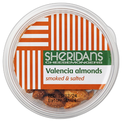 Container of smoked and salted Valencia almonds with Sheridans Cheesemongers label.