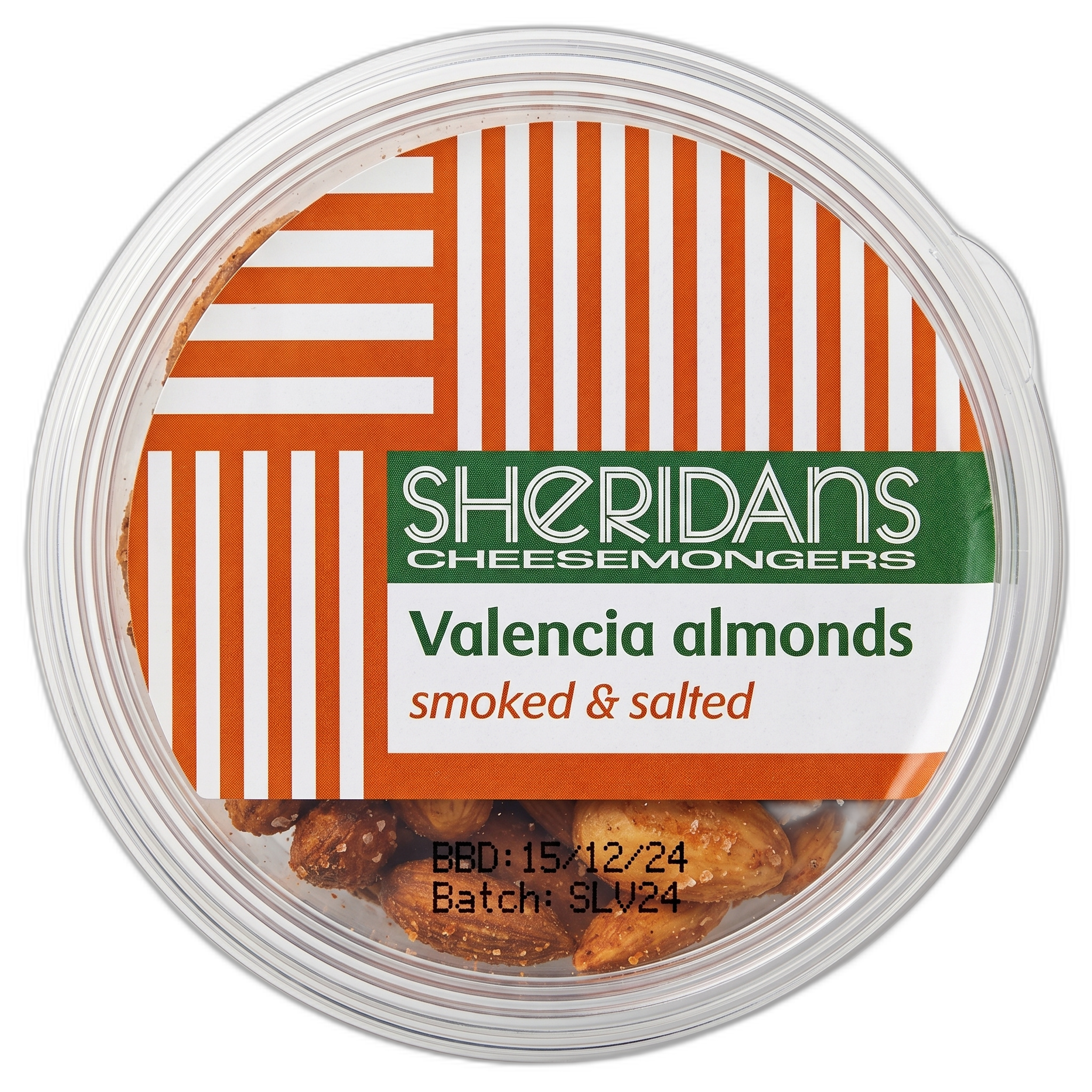 Container of smoked and salted Valencia almonds with Sheridans Cheesemongers label.