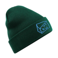 Green beanie with a logo on a white background