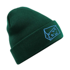 Green beanie with a logo on a white background