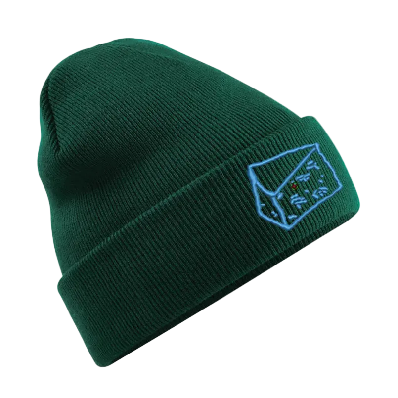 Green beanie with a logo on a white background