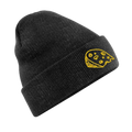 Black beanie with a yellow pizza slice design on a white background