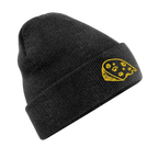 Black beanie with a yellow pizza slice design on a white background