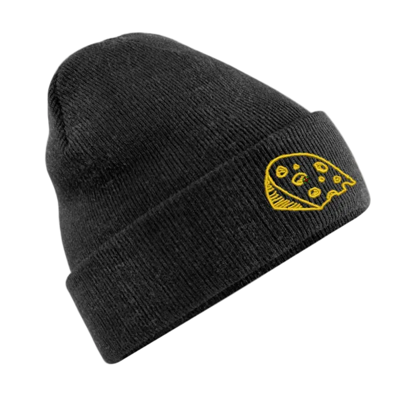 Black beanie with a yellow pizza slice design on a white background