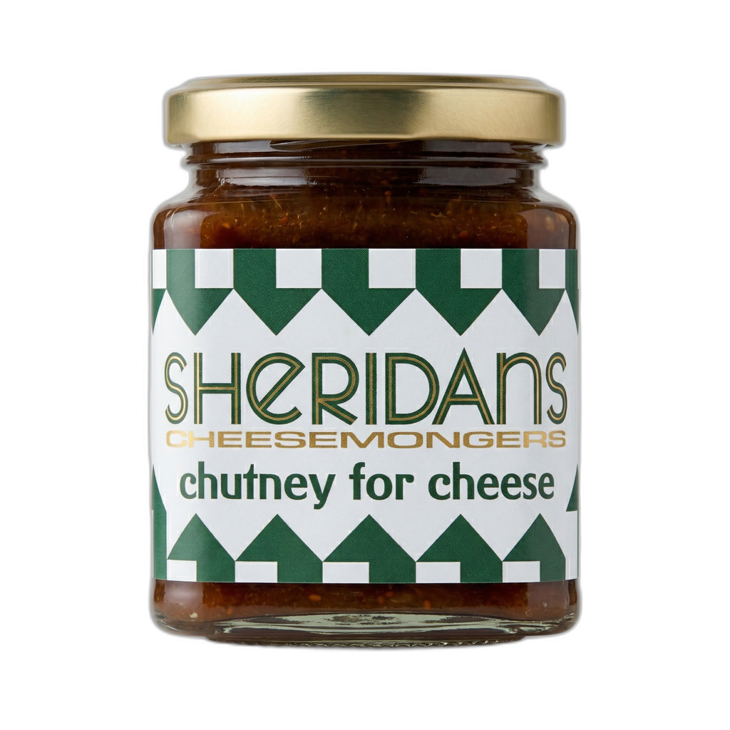 Jar of Sheridan's chutney for cheese on a white background