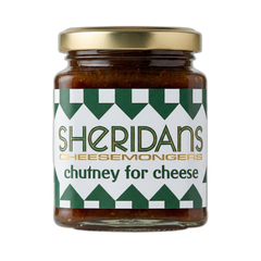 Jar of Sheridan's chutney for cheese on a white background