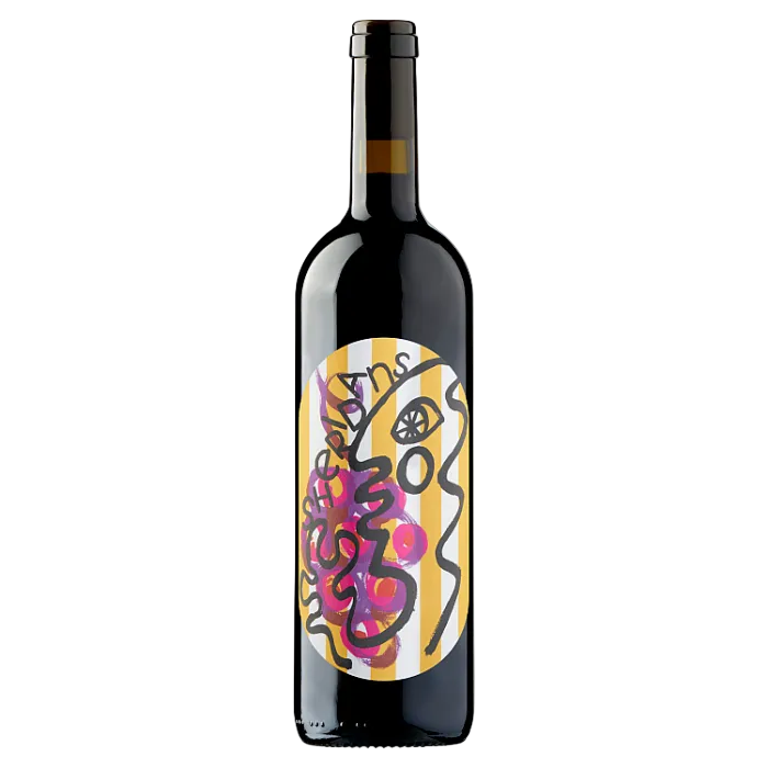 Wine bottle with a colorful label on a white background