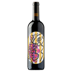Wine bottle with a colorful label on a white background