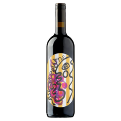 Wine bottle with a colorful label on a white background
