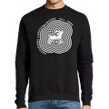 Black sweatshirt with white graphic design on a white background