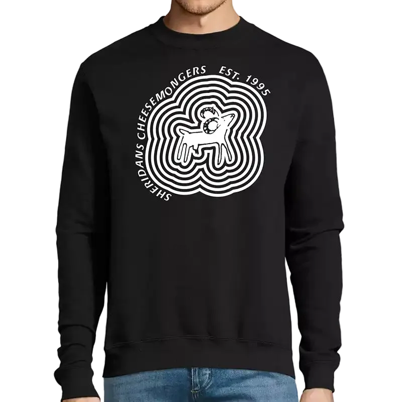 Black sweatshirt with white graphic design on a white background