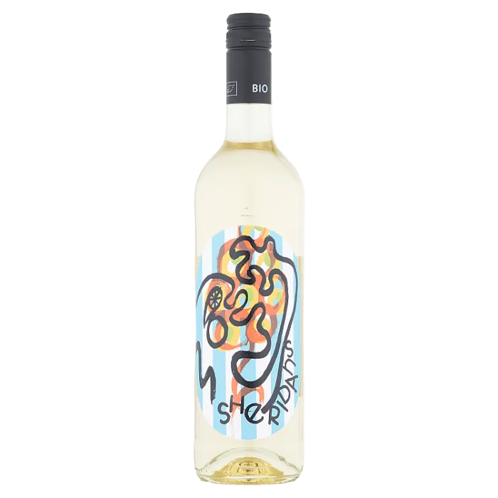 Wine bottle with colorful label on a white background
