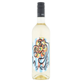 Wine bottle with colorful label on a white background