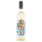 Wine bottle with colorful label on a white background