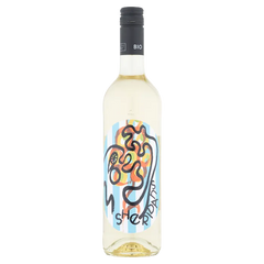 Wine bottle with colorful label on a white background