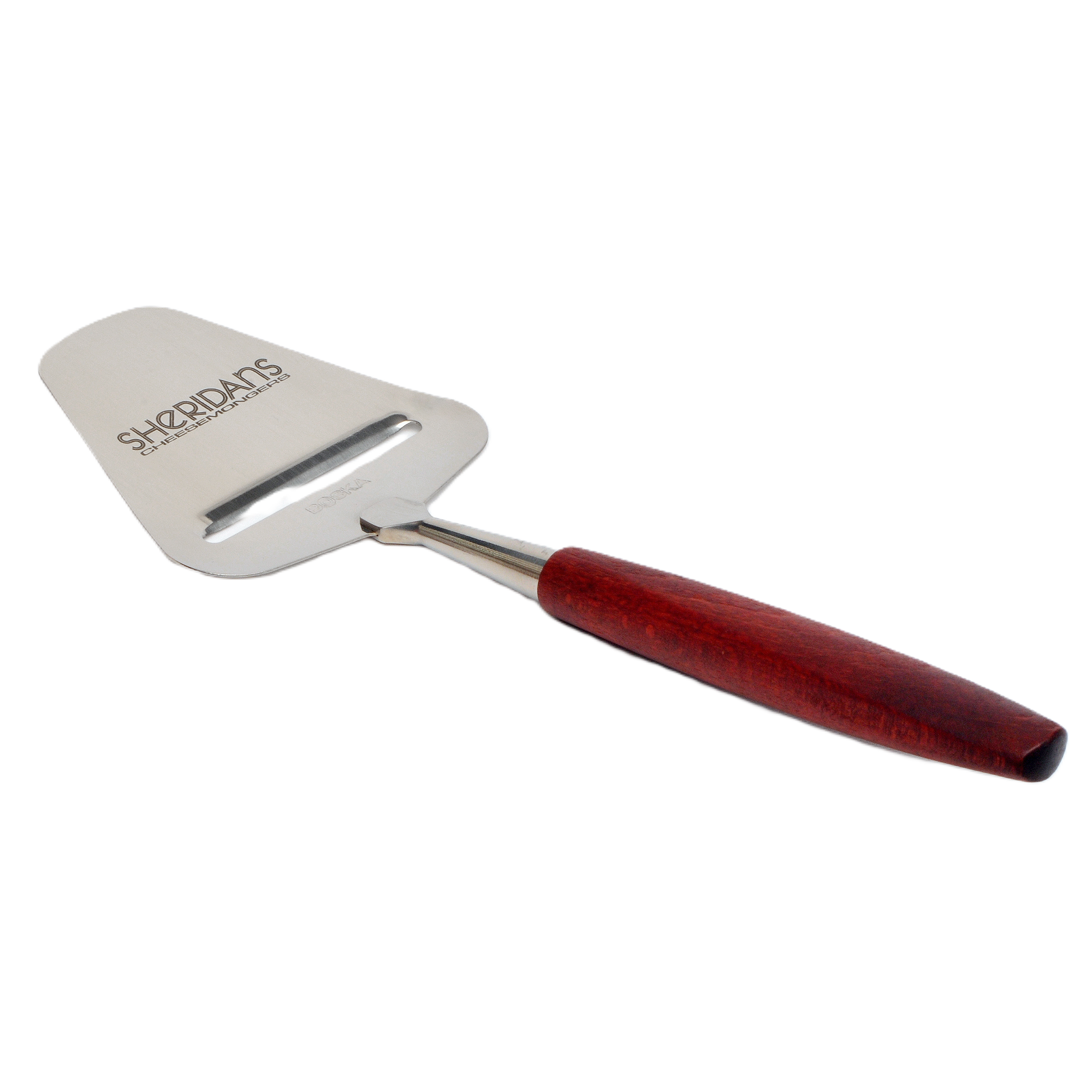 Cheese slicer with a red handle on a white background
