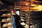 Person in a cheese cellar with shelves of cheese