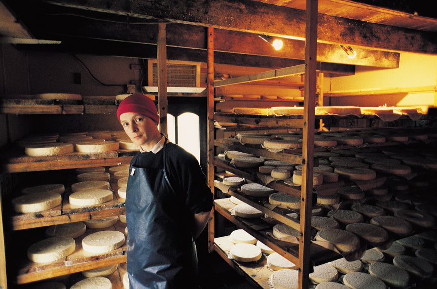 Person in a cheese cellar with shelves of cheese
