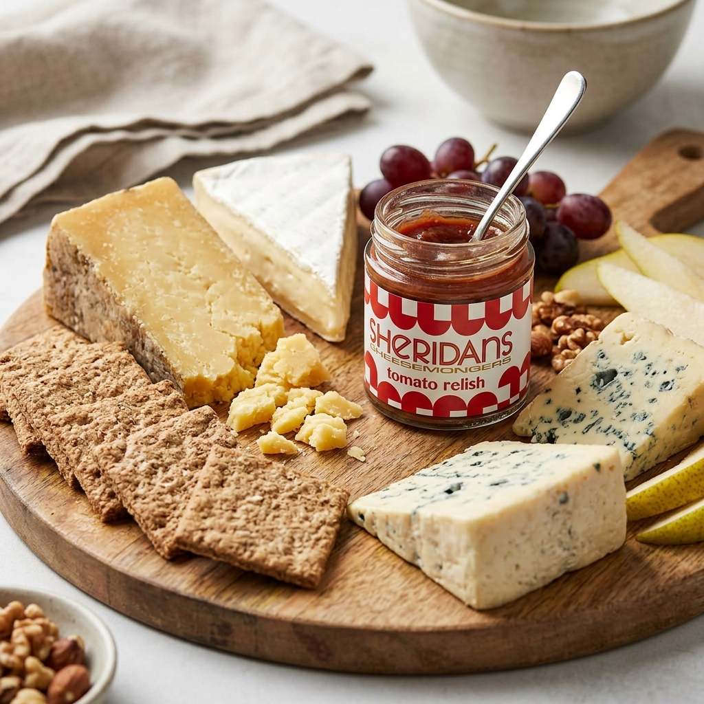 Jar of Sheridan's tomato relish on a wooden board with crackers and cheese.