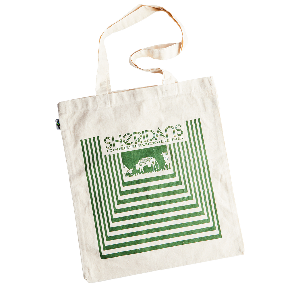 Tote bag with Sheridan's Cheese Monkeys design on a white background
