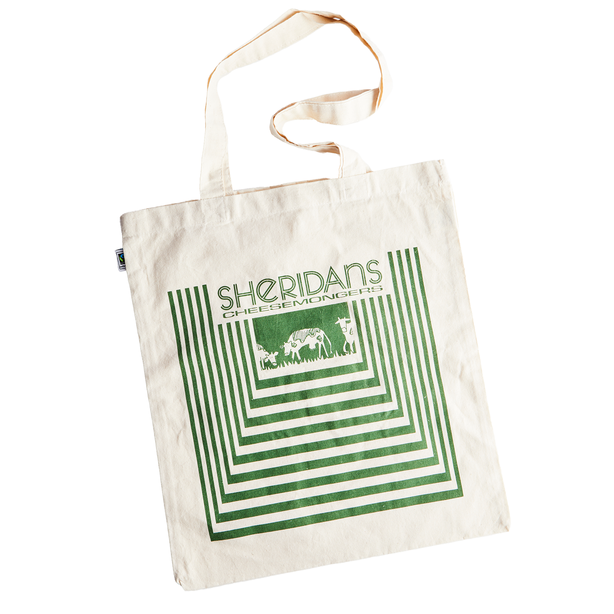 Tote bag with Sheridan's Cheese Monkeys design on a white background