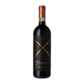 Red wine bottle with a black label on a white background