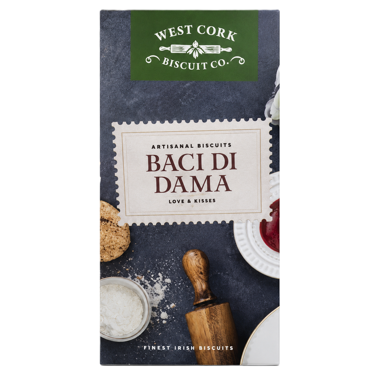 West Cork Biscuit Co. packaging for Baci Di Dama biscuits on a white background